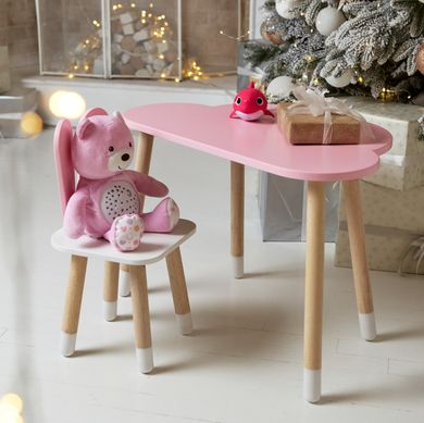 Детский столик тучка и стульчик ушки зайки розовые с белым сиденьем. Столик для игр, уроков, еды
