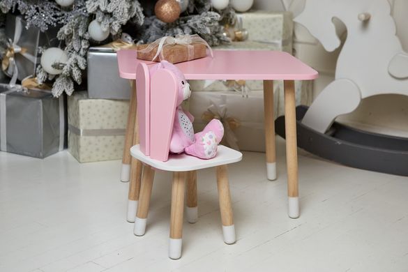 Рожевий прямокутний стіл і стільчик дитячий зайка з білим сидінням. Рожевий дитячий столик