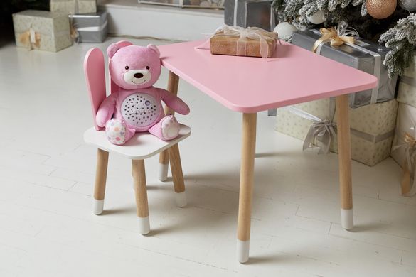 Розовый прямоугольный столик и стульчик детский зайка с белым сиденьем. Розовый детский столик