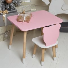 Розовый прямоугольный столик и стульчик детский ведмежонок с белым сиденьем. Розовый детский столик