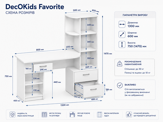 Письменный компьютерный стол со стеллажом и тумбой DecOKids Favorite Color 3