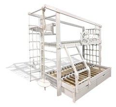 Двухъярусная спортивная кровать Капитан с увеличенным спальном местом с ящиками и навесными элементами в белом цвете