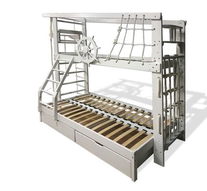 Двухъярусная спортивная кровать Капитан с увеличенным спальном местом с ящиками и навесными элементами в белом цвете 934130696 фото