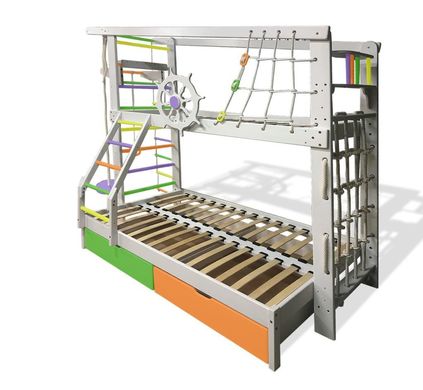 Двухъярусная спортивная кровать Капитан с увеличенным спальном местом с ящиками и навесными элементами цветная 934130699 фото