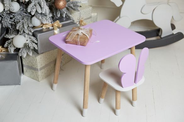 Фиолетовый прямоугольный столик и стульчик детский бабочка с белым сиденьем. Фиолетовый детский столик