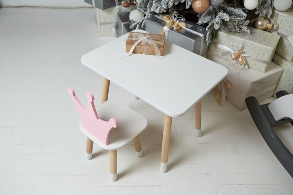 Детский белый прямоугольный столик и стульчик корона розовая. Столик для игр, уроков, еды. Белый столик