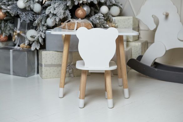 Детский белый прямоугольный столик и стульчик белый медведь. Столик для игр, уроков, еды. Белый столик