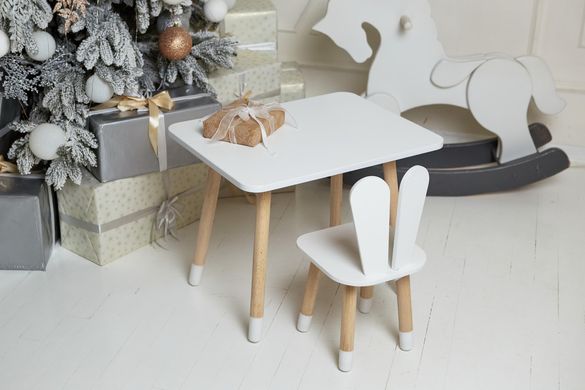 Белый прямоугольный столик и стульчик детский белоснежный зайчик. Белый детский столик