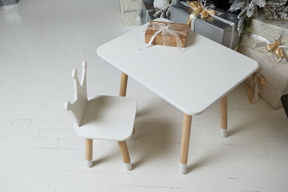 Дитячий білий прямокутний стіл і стільчик біла корона. Столик для ігор, уроків, їжі. Білий столик