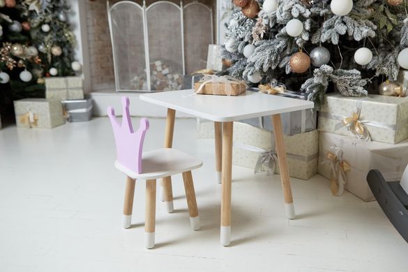 Дитячий білий прямокутний стіл і стільчик фіолетова корона. Столик для ігор, уроків, їжі. Білий столик