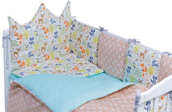 Детская постель Babyroom Classic Bortiki-01 (6 элементов) бирюза-бежевый-белый (лесные звери) 623398 фото