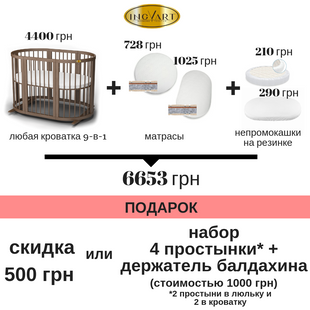 Набір Ліжечко трансформер IngVart Smart Bed + 2 матраца (кокос / флексовойлок) + 2 наматрасника 000596 фото
