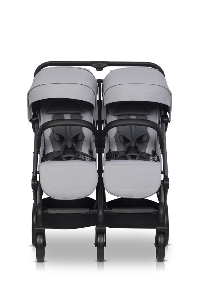 Прогулянкова коляска для двійнят Easy-Go Echo 2026 сірого кольору у складеному та розкладеному вигляді